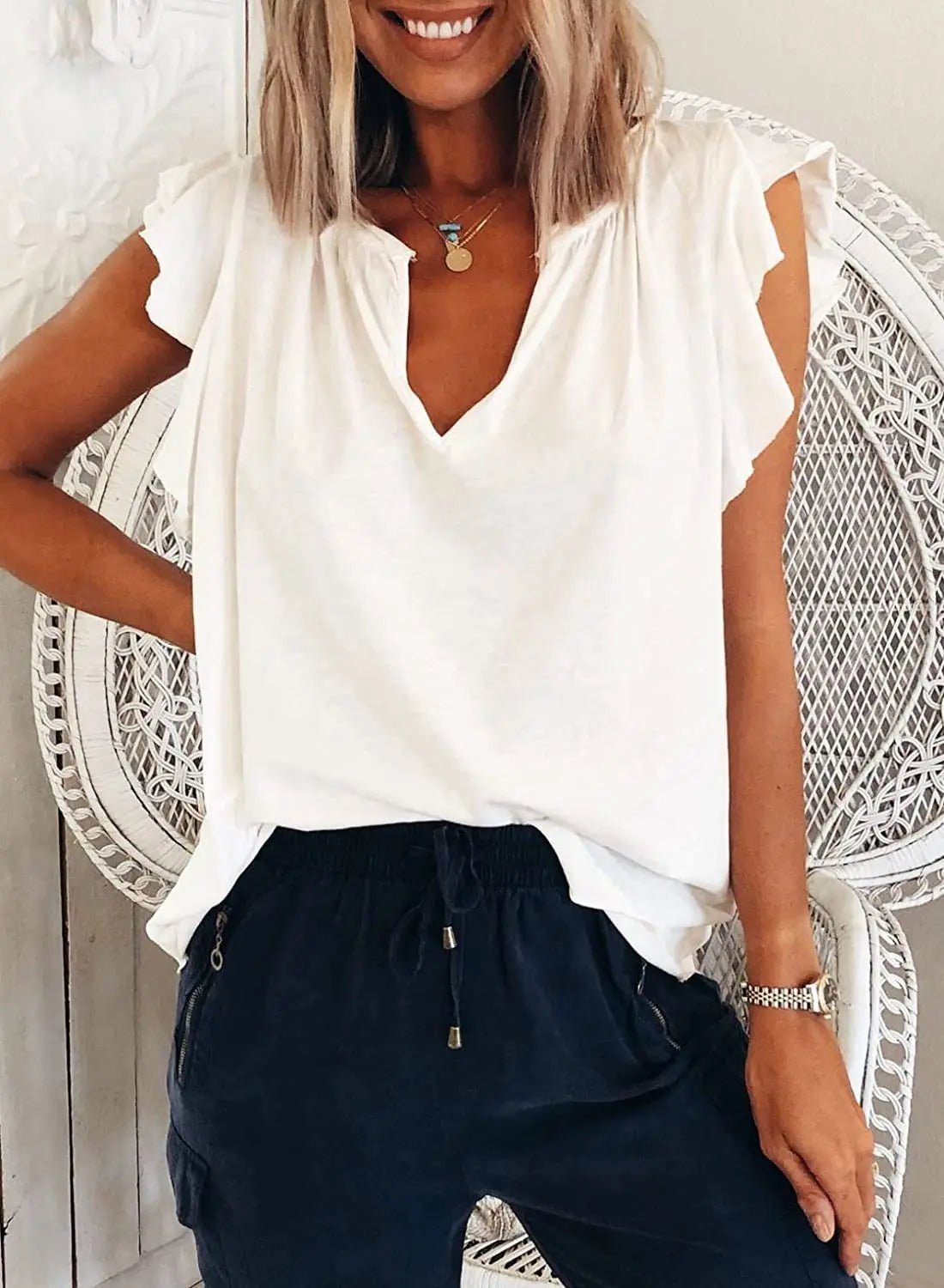 T-shirt ample à manches courtes et col en v pour femme - Éclat Ô quotidien